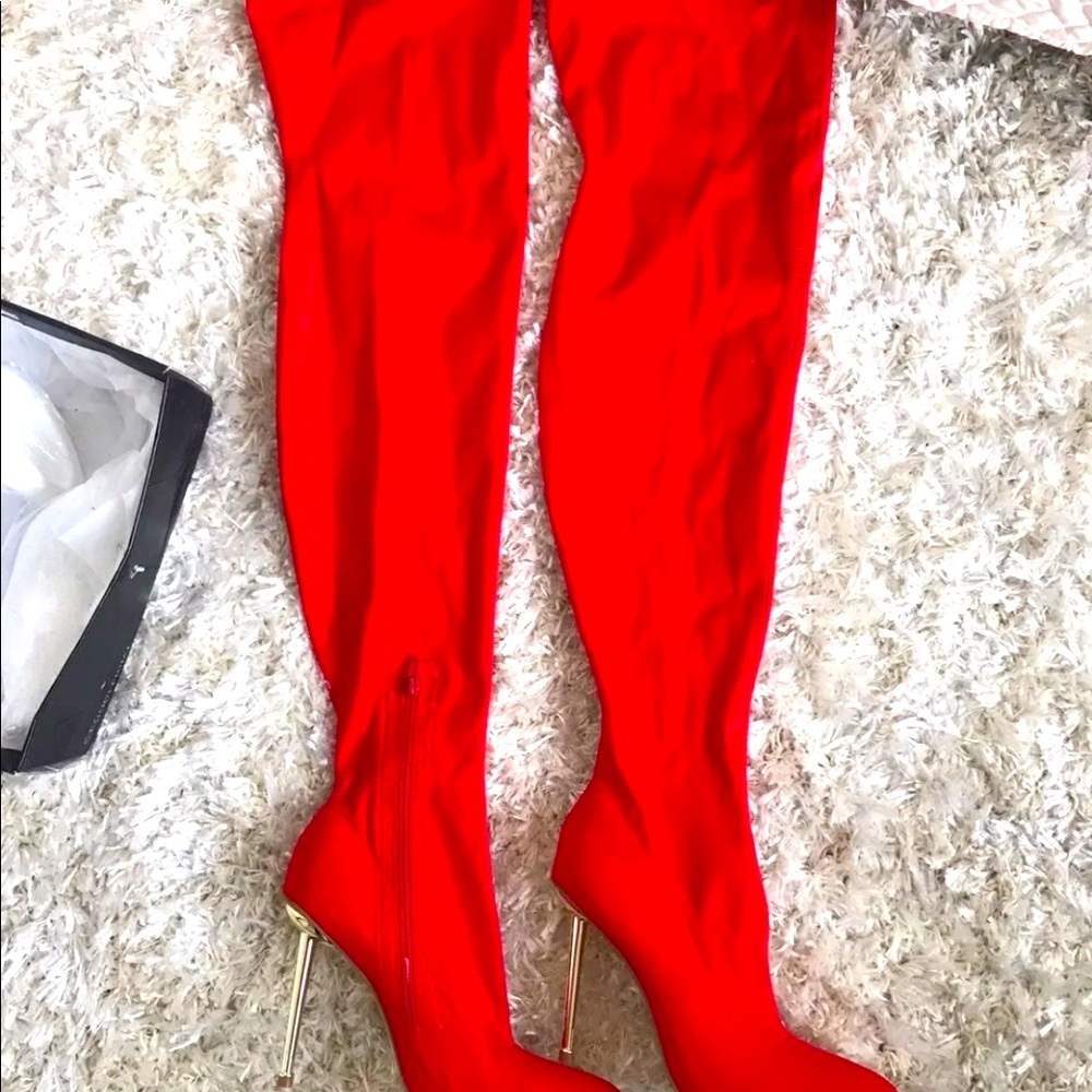 Crimson red over the knee boots
